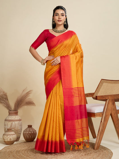 Orange Pure Soft Bengalori Temple Border Row Silk Saree Row Silk Saree Anant Tex Exports Pvt.Ltd..