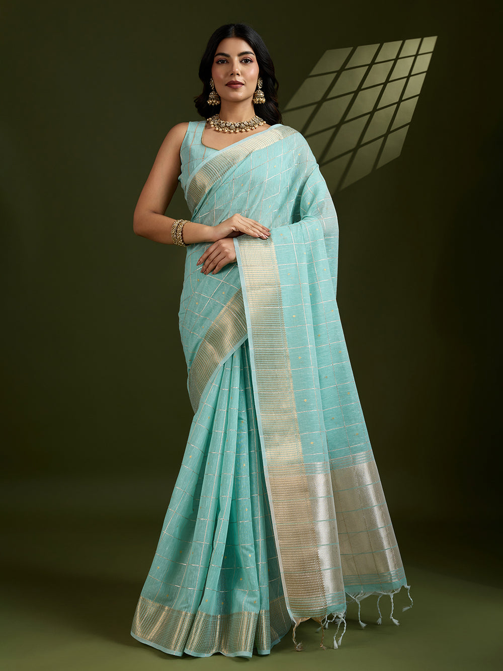 Firozi Pure Tissue Zari Checks Silk Tissue Saree