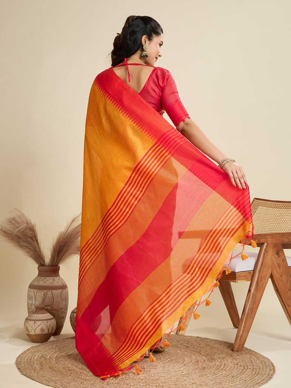 Orange Pure Soft Bengalori Temple Border Row Silk Saree