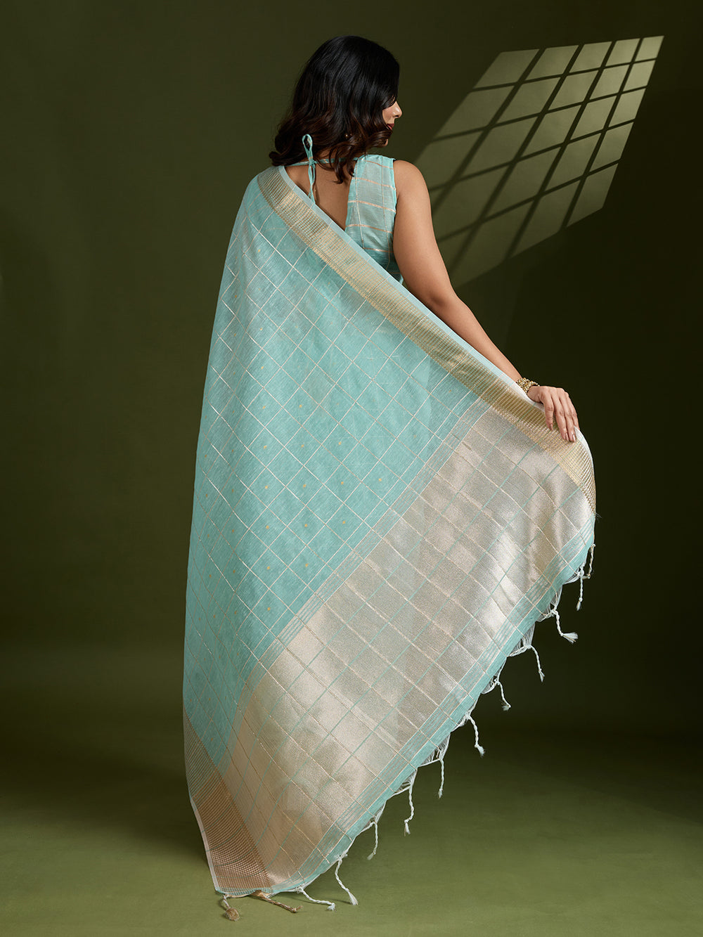 Firozi Pure Tissue Zari Checks Silk Tissue Saree
