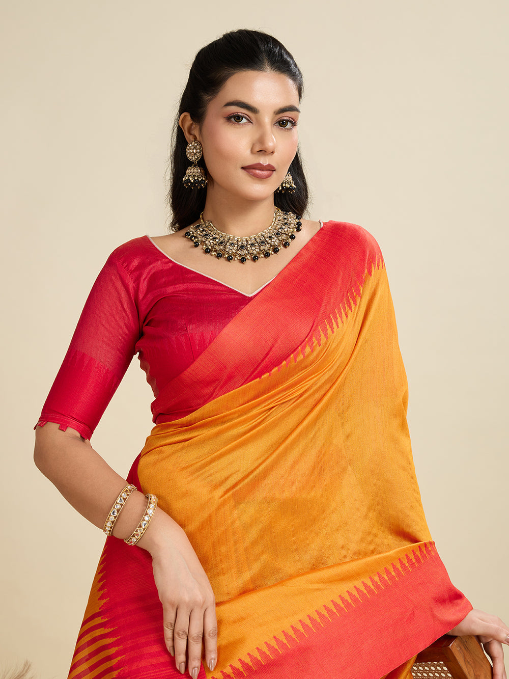Orange Pure Soft Bengalori Temple Border Row Silk Saree