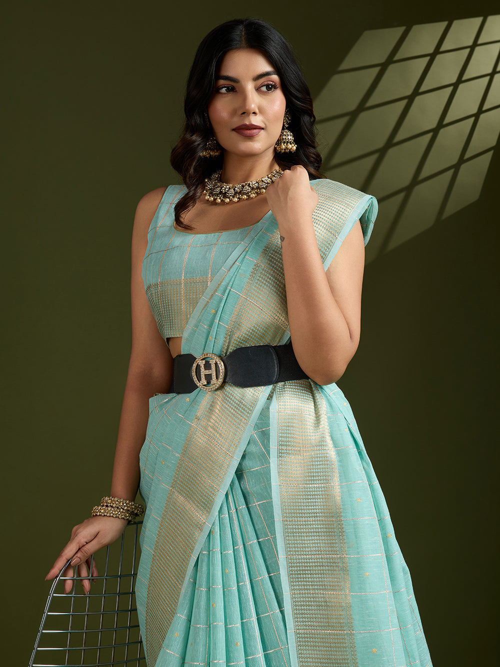 Firozi Pure Tissue Zari Checks Silk Tissue Saree