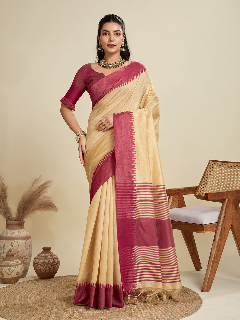 Chiku Pure Soft Tussar Silk with Temple Border Tussar Saree Tussar Saree Anant Tex Exports Pvt.Ltd..