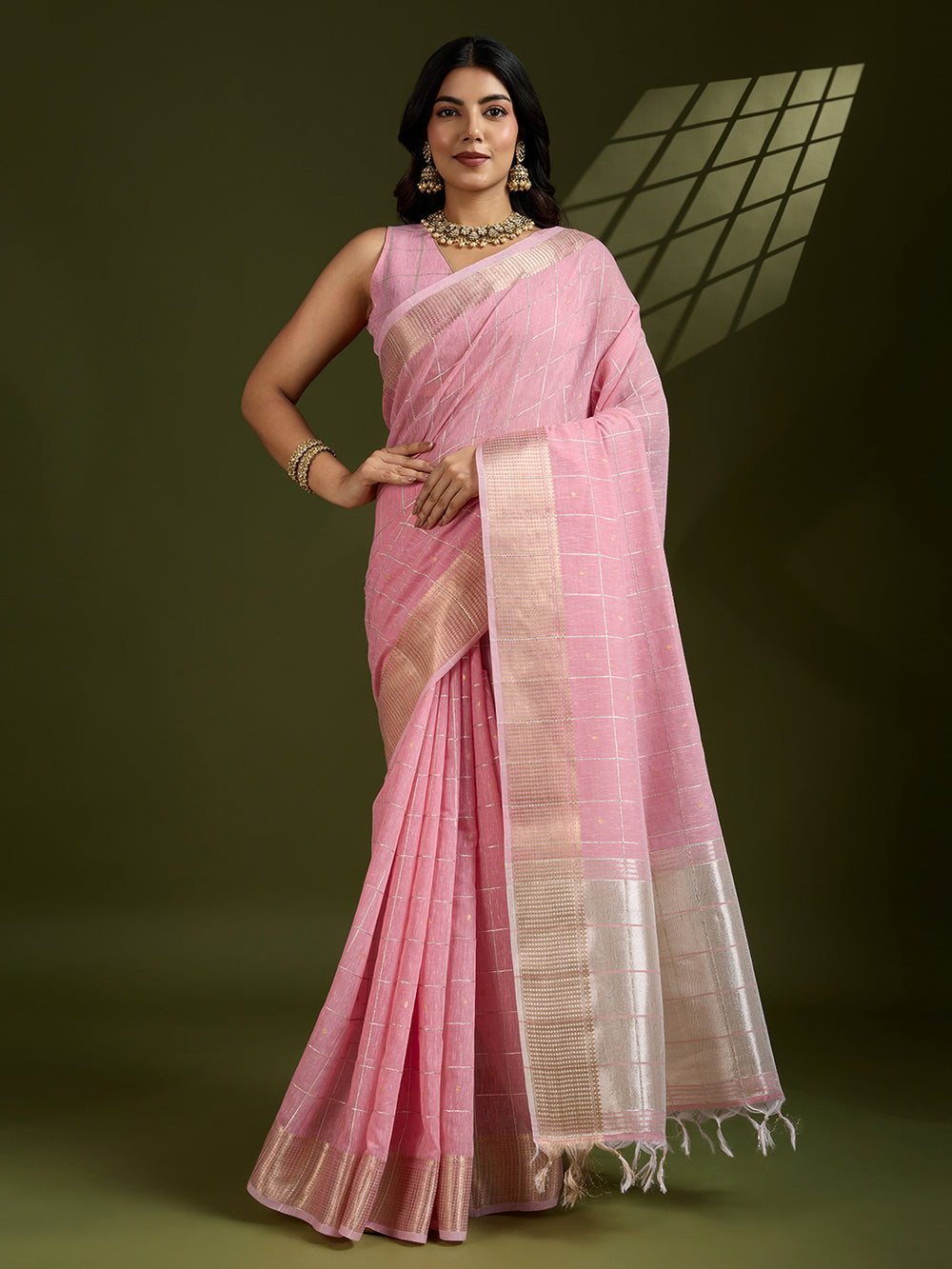 Pink Pure Tissue Zari Checks Silk Tissue Saree