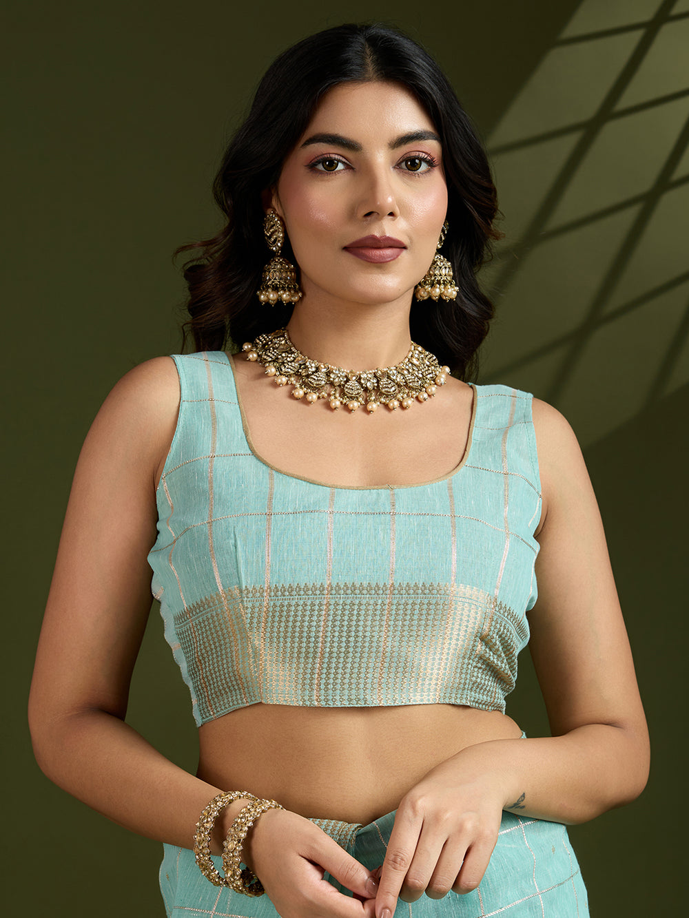 Firozi Pure Tissue Zari Checks Silk Tissue Saree