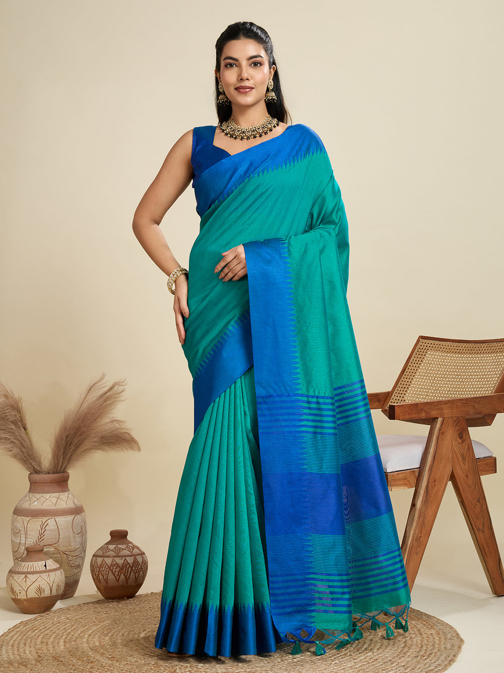 Firozi Pure Soft Bengalori Temple Border Row Silk Saree