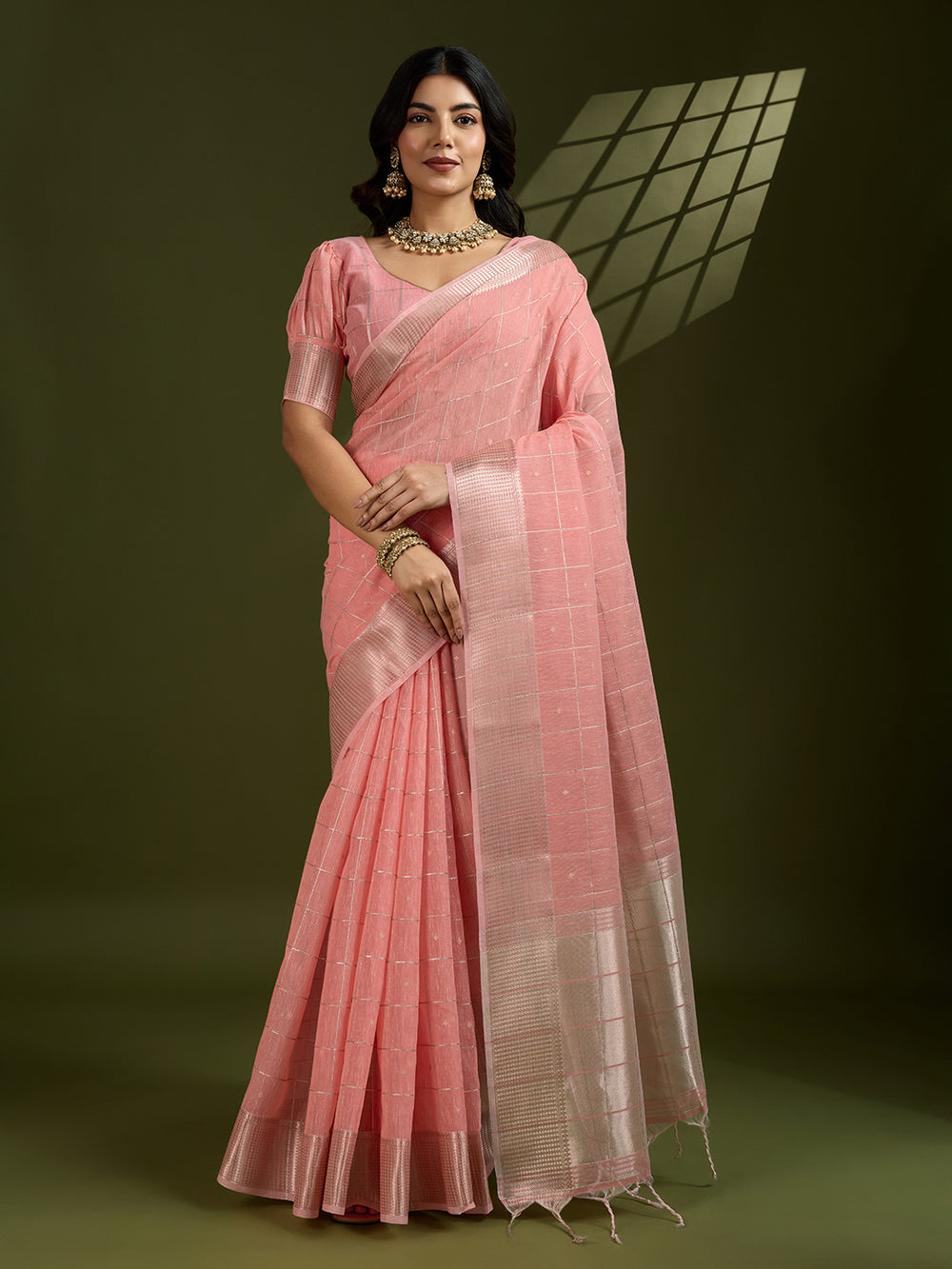 Peach Pure Tissue Zari Checks Silk Tissue Saree