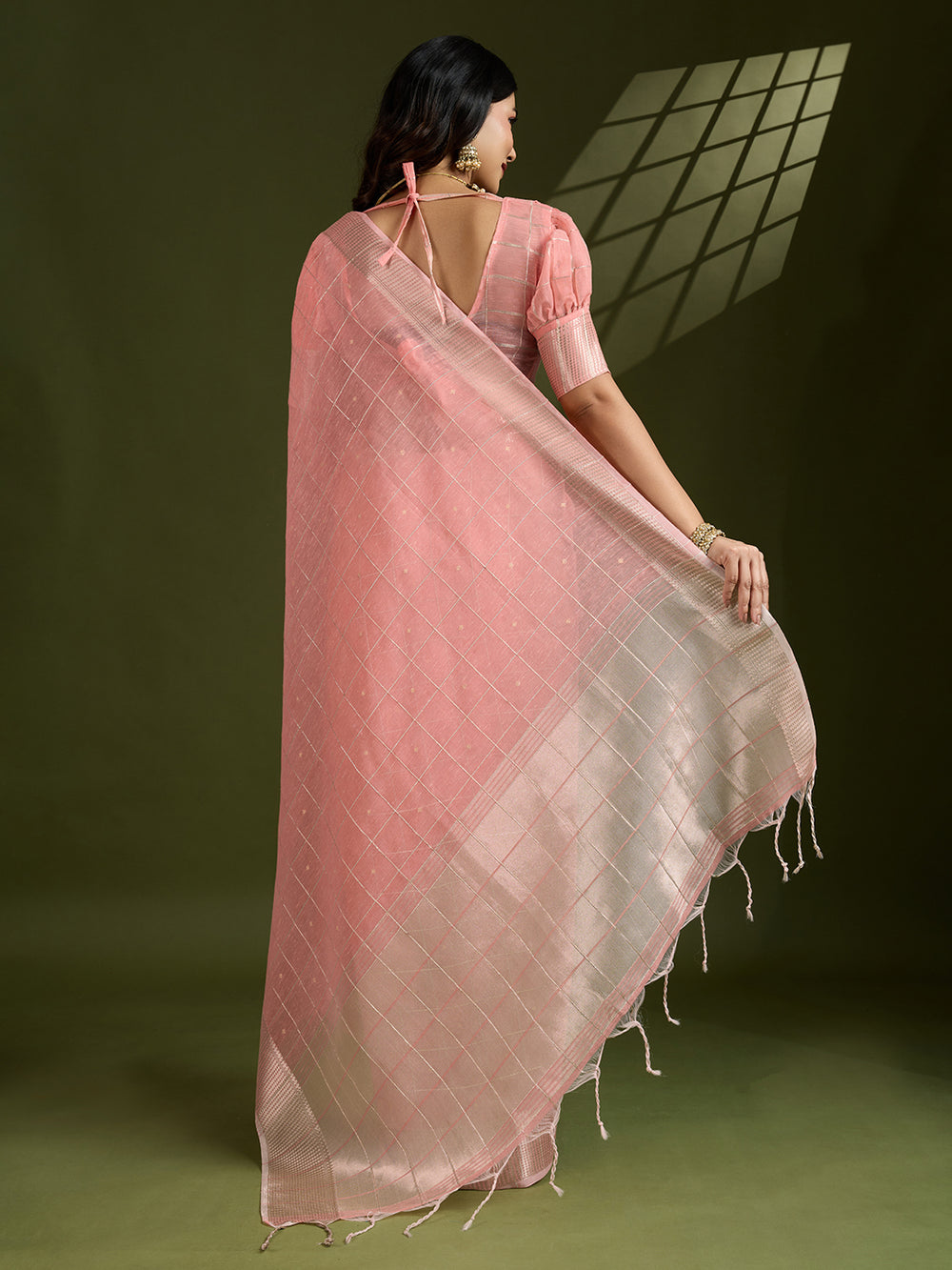 Peach Pure Tissue Zari Checks Silk Tissue Saree