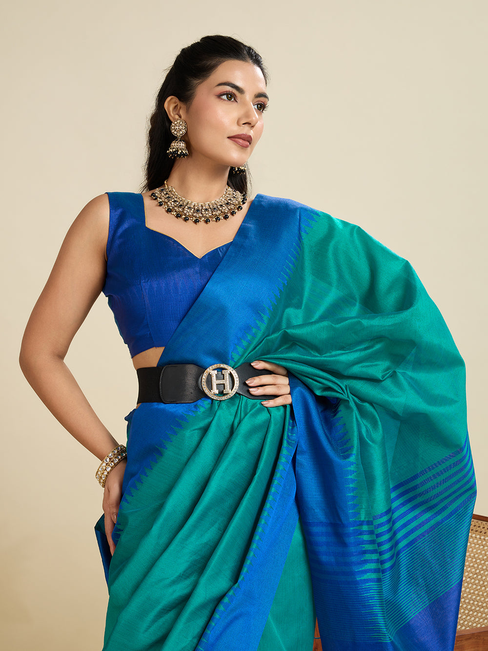 Firozi Pure Soft Tussar Silk with Temple Border Tussar Saree Tussar Saree Anant Tex Exports Pvt.Ltd..
