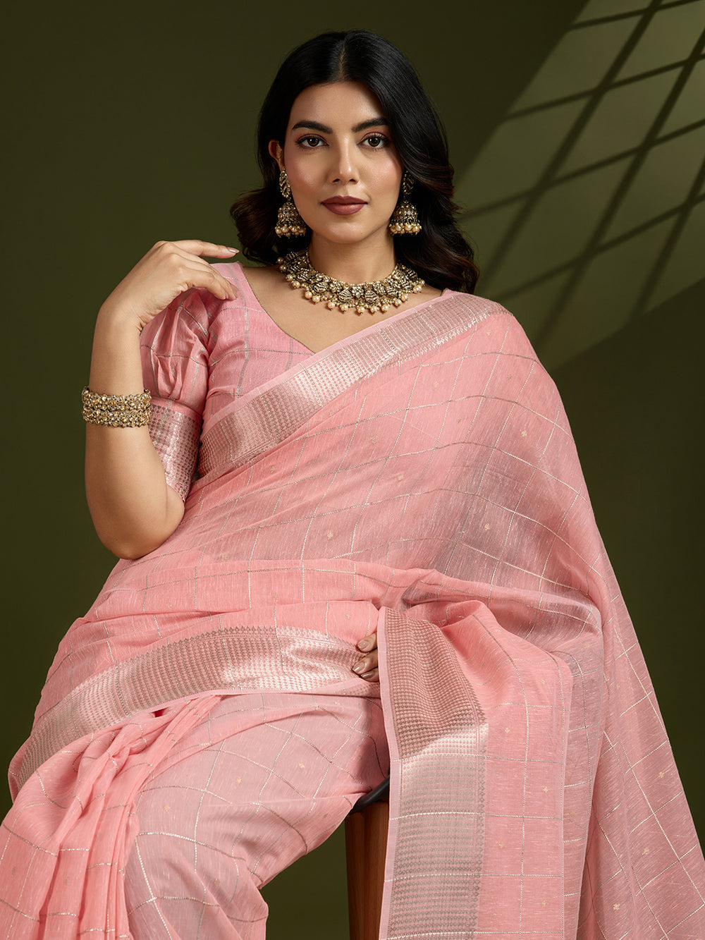 Peach Pure Tissue Zari Checks Silk Tissue Saree