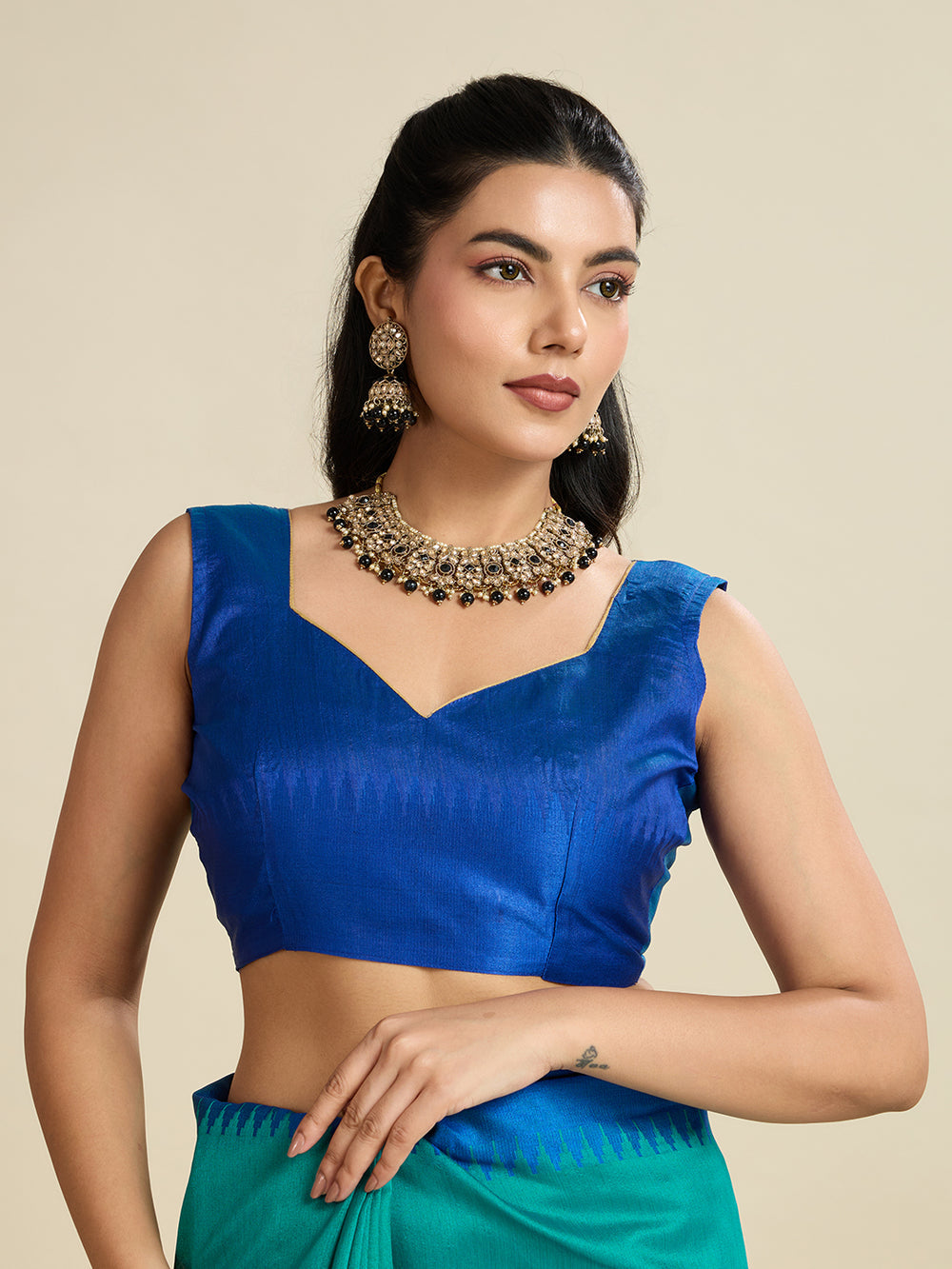 Firozi Pure Soft Bengalori Temple Border Row Silk Saree