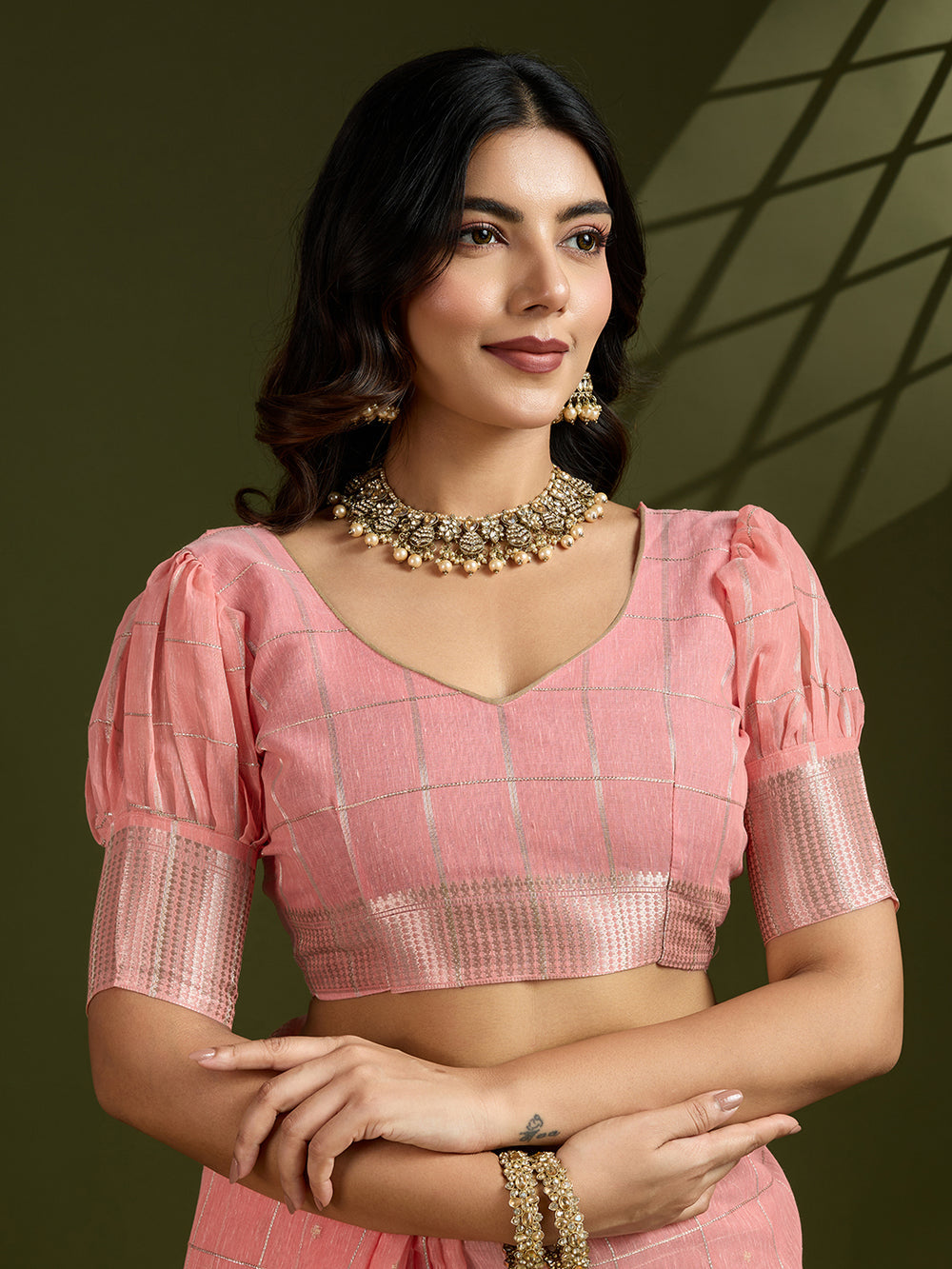 Peach Pure Tissue Zari Checks Silk Tissue Saree