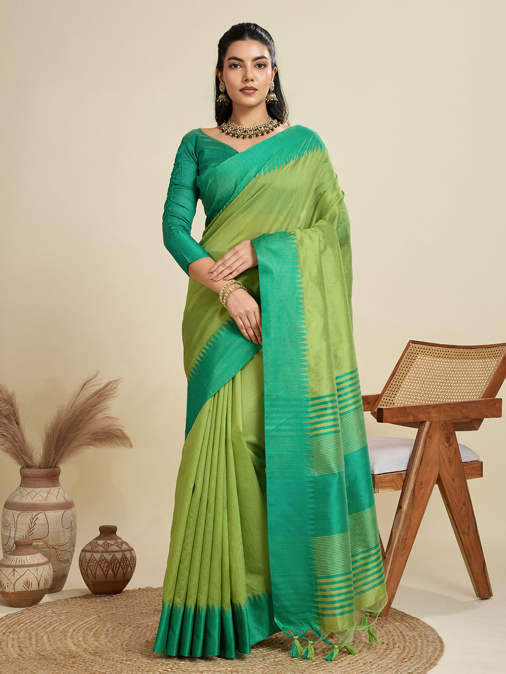 Green Pure Soft Bengalori Temple Border Row Silk Saree