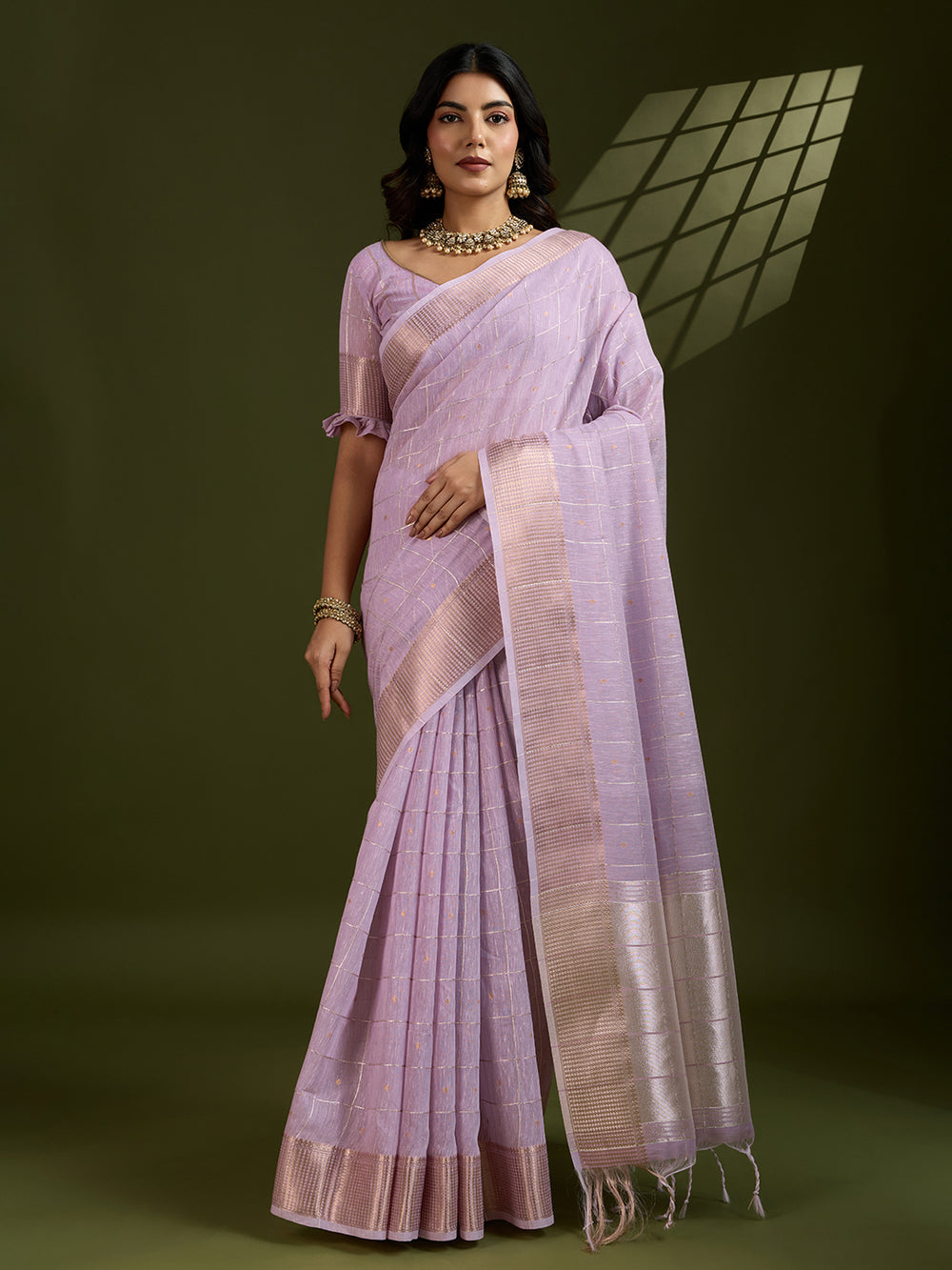 Purple Pure Tissue Zari Checks Silk Tissue Saree