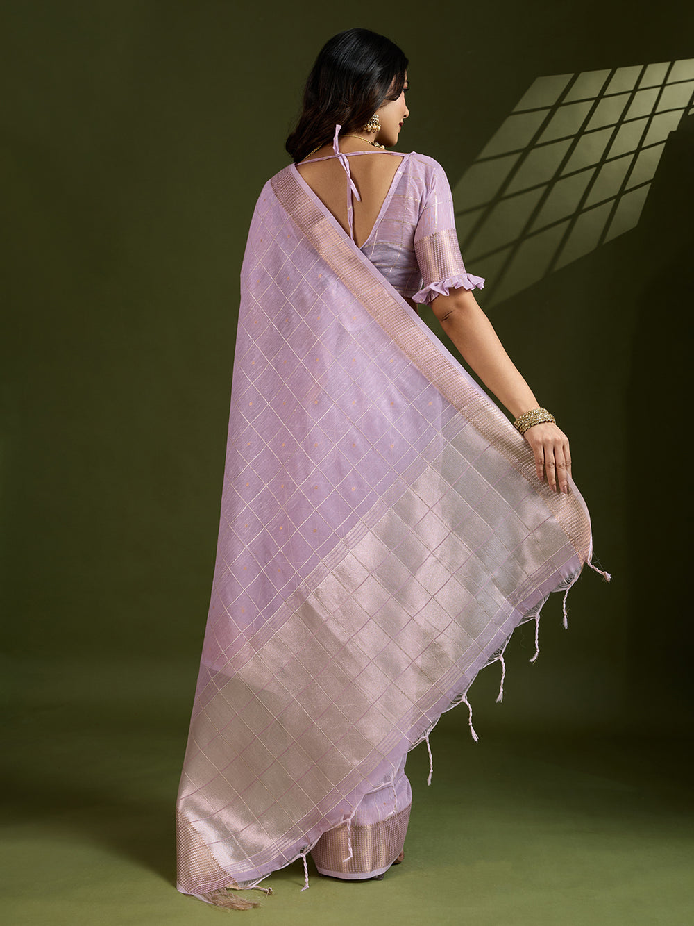 Purple Pure Tissue Zari Checks Silk Tissue Saree