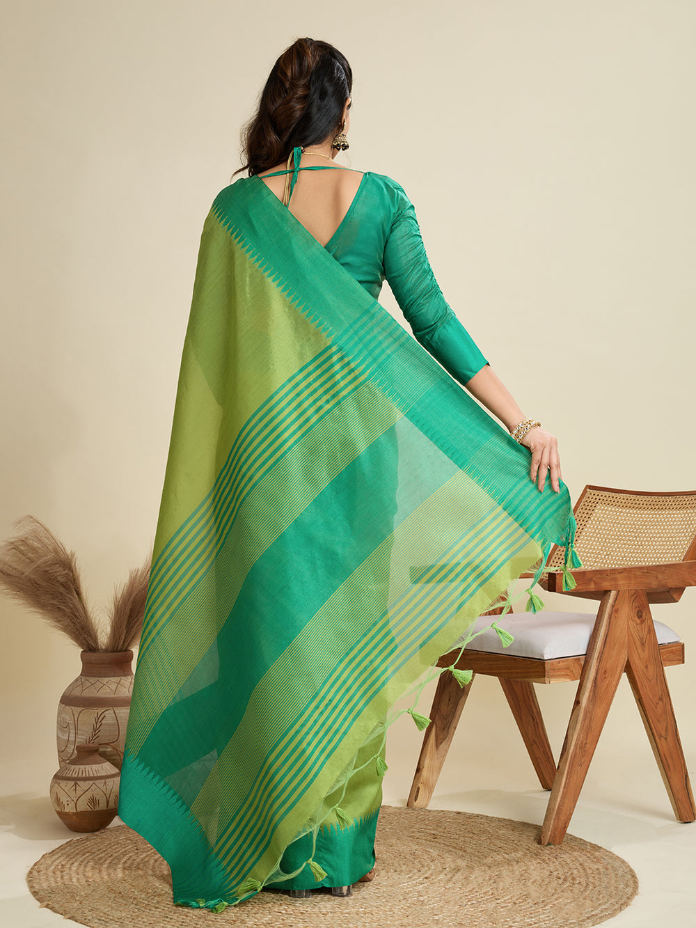 Green Pure Soft Tussar Silk with Temple Border Tussar Saree