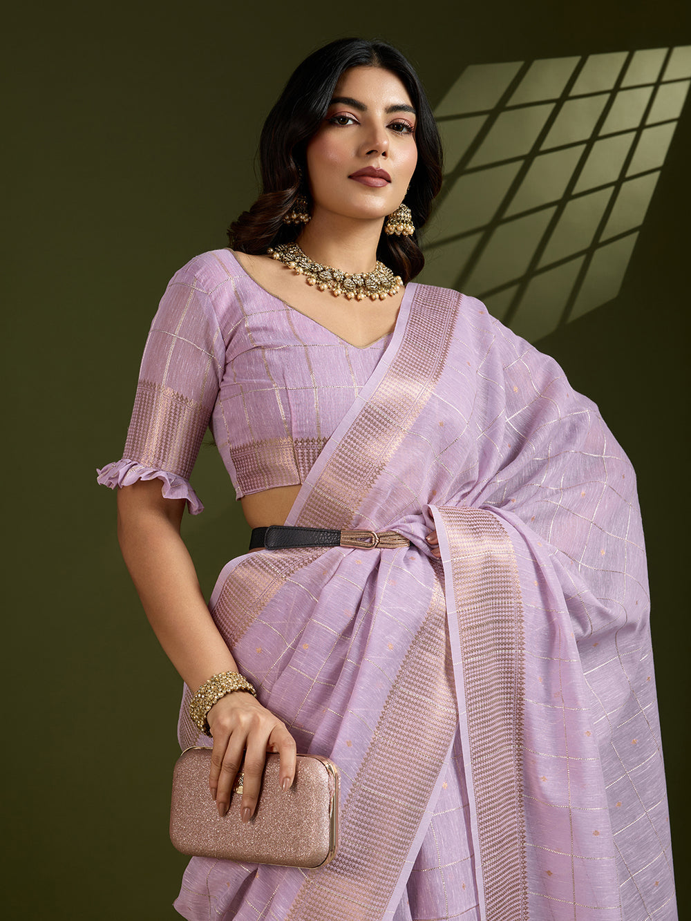 Purple Pure Tissue Zari Checks Silk Tissue Saree
