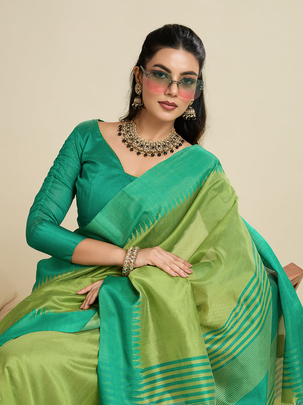 Green Pure Soft Tussar Silk with Temple Border Tussar Saree