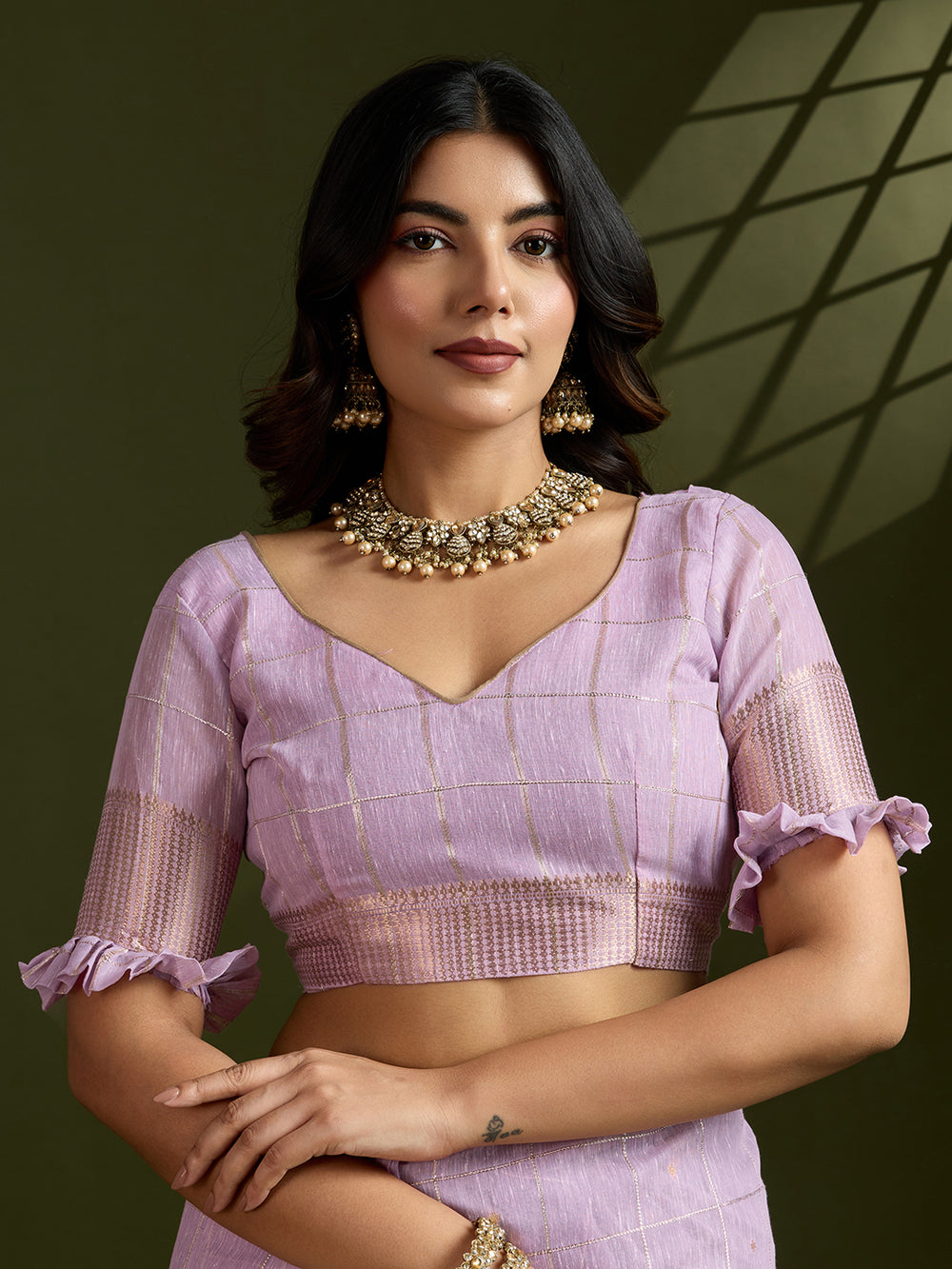 Purple Pure Tissue Zari Checks Silk Tissue Saree