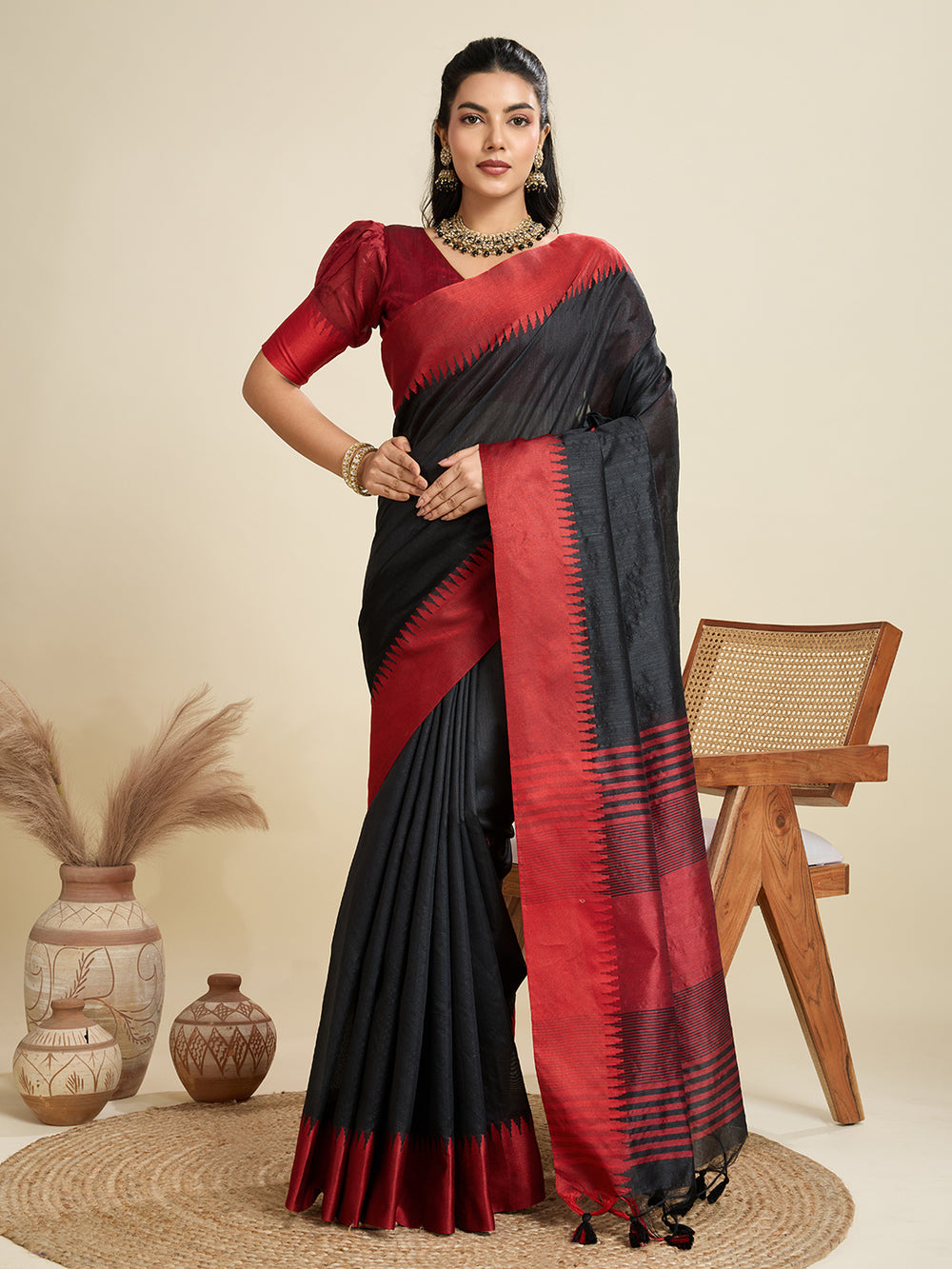Black Pure Soft Tussar Silk with Temple Border Tussar Saree