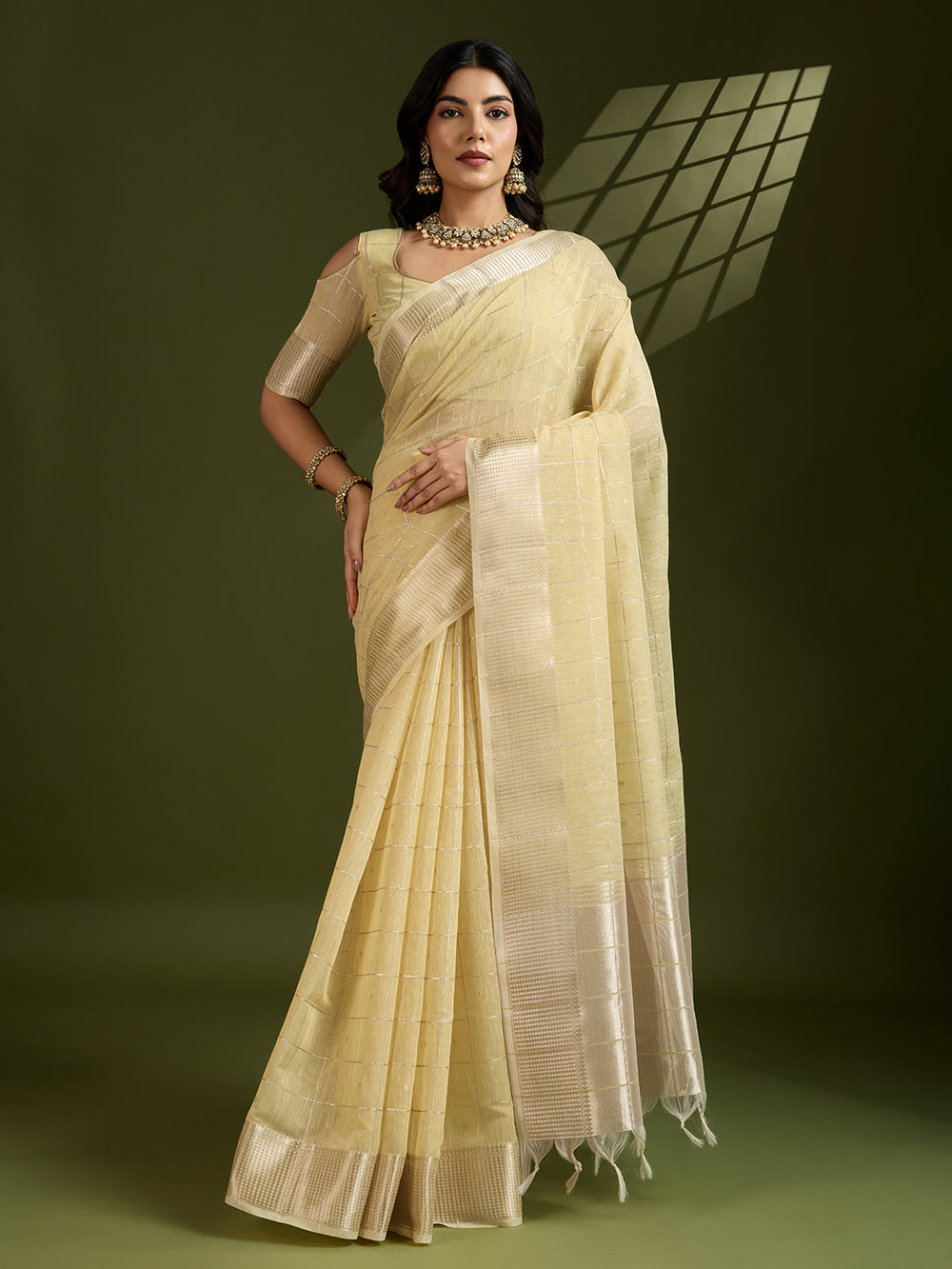 Yellow Pure Tissue Zari Checks Silk Tissue Saree