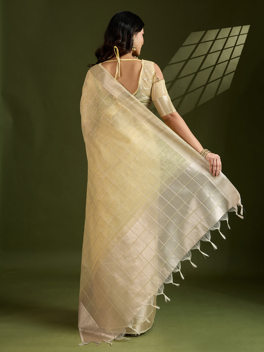 Yellow Pure Tissue Zari Checks Silk Tissue Saree Tissue Saree Anant Tex Exports Pvt.Ltd..