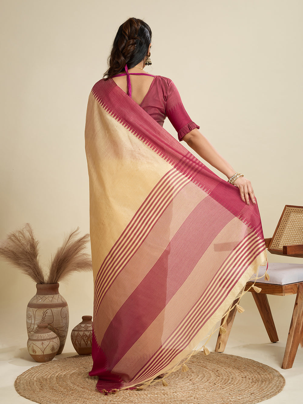 Chiku Pure Soft Tussar Silk with Temple Border Tussar Saree Tussar Saree Anant Tex Exports Pvt.Ltd..