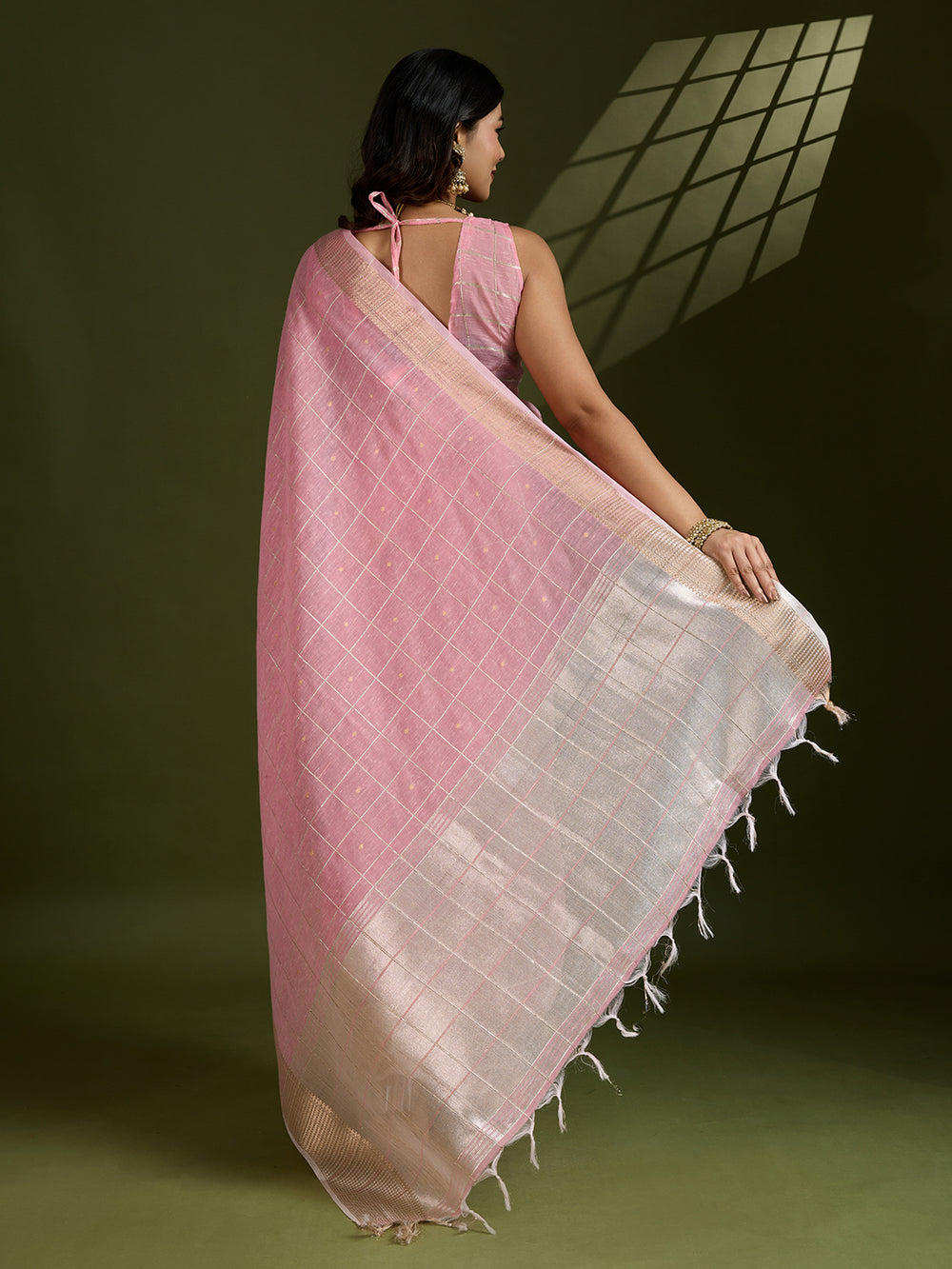 Pink Pure Tissue Zari Checks Silk Tissue Saree