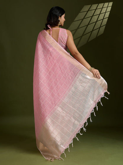 Pink Pure Tissue Zari Checks Silk Tissue Saree Tissue Saree Anant Tex Exports Pvt.Ltd..