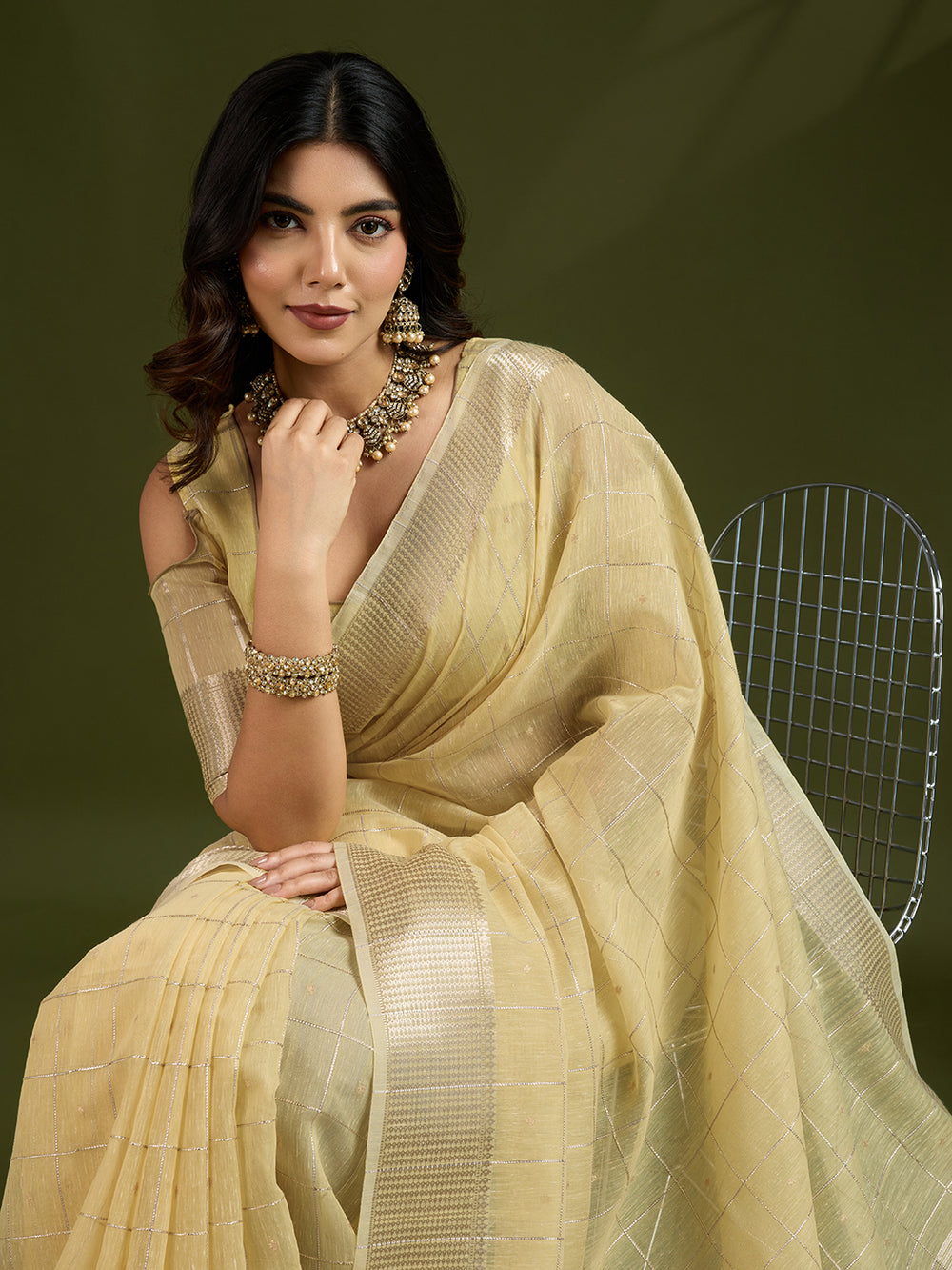 Yellow Pure Tissue Zari Checks Silk Tissue Saree
