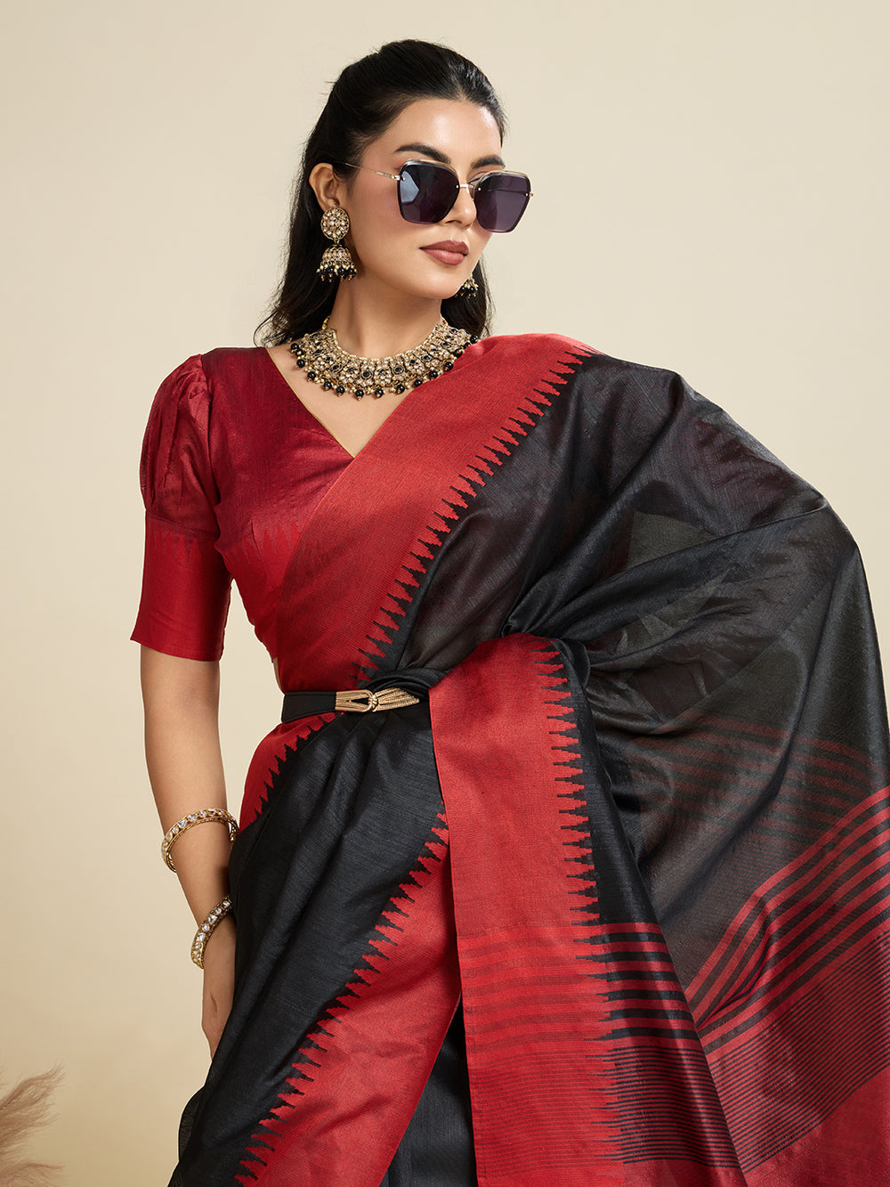 Black Pure Soft Tussar Silk with Temple Border Tussar Saree