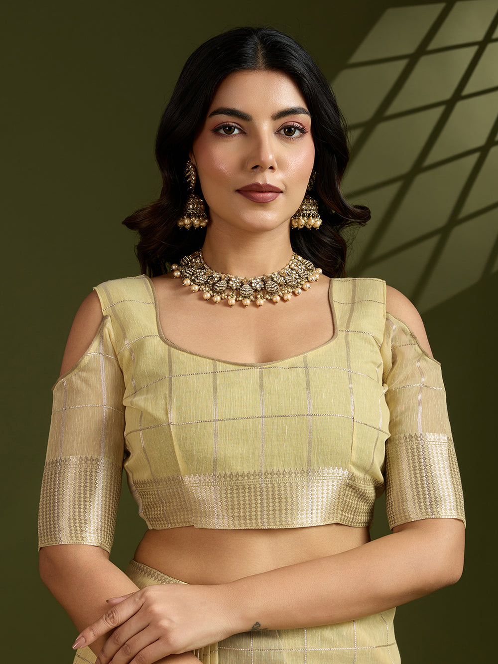 Yellow Pure Tissue Zari Checks Silk Tissue Saree