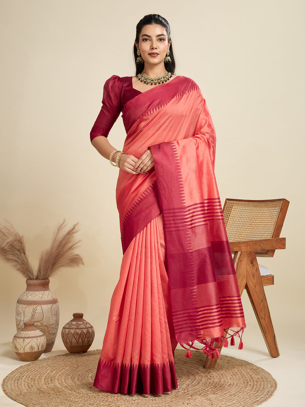 Peach Pure Soft Bengalori Temple Border Row Silk Saree