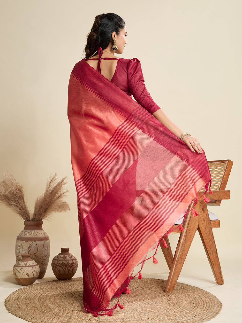 Peach Pure Soft Tussar Silk with Temple Border Tussar Saree