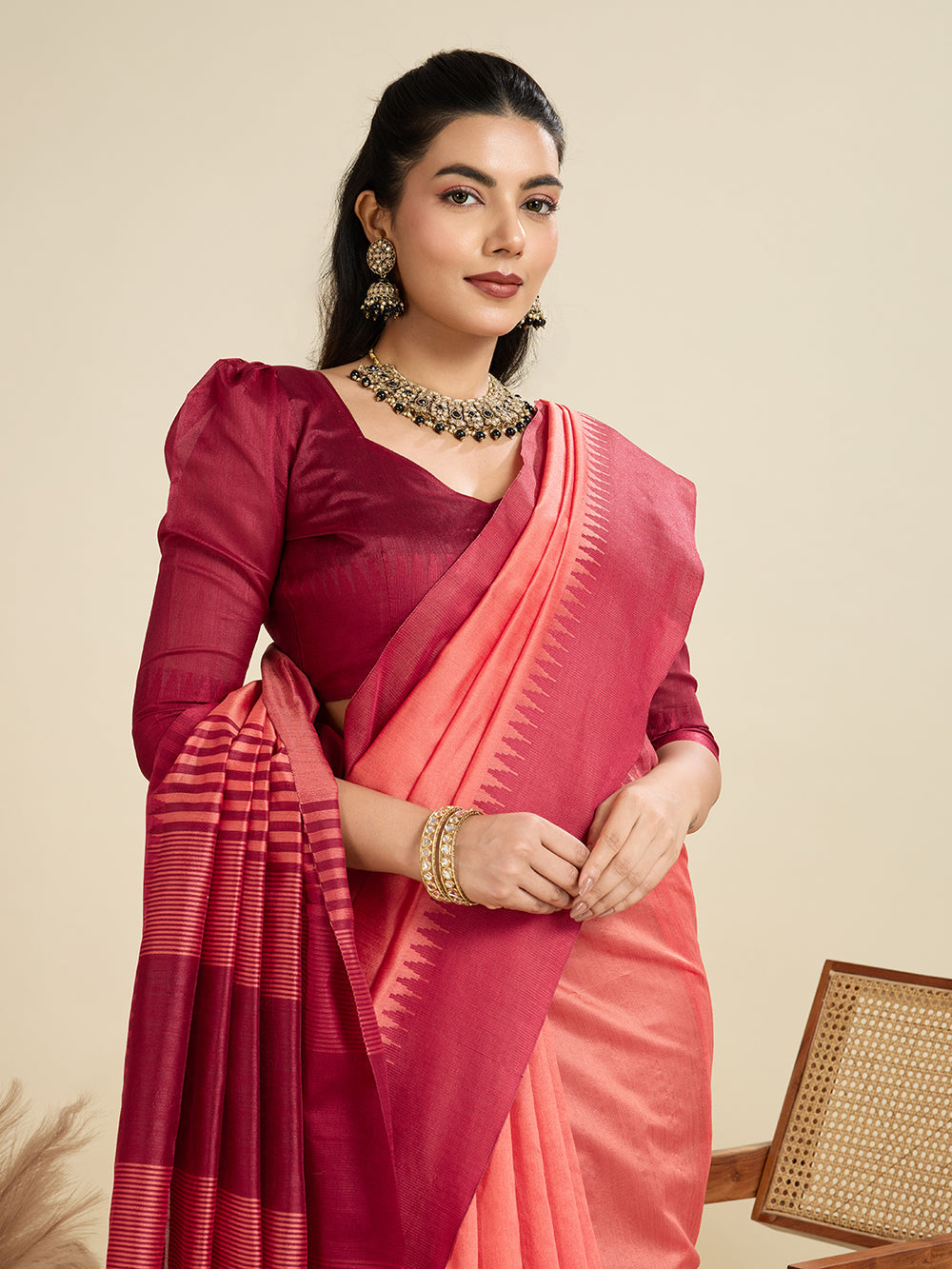 Peach Pure Soft Tussar Silk with Temple Border Tussar Saree Tussar Saree Anant Tex Exports Pvt.Ltd..
