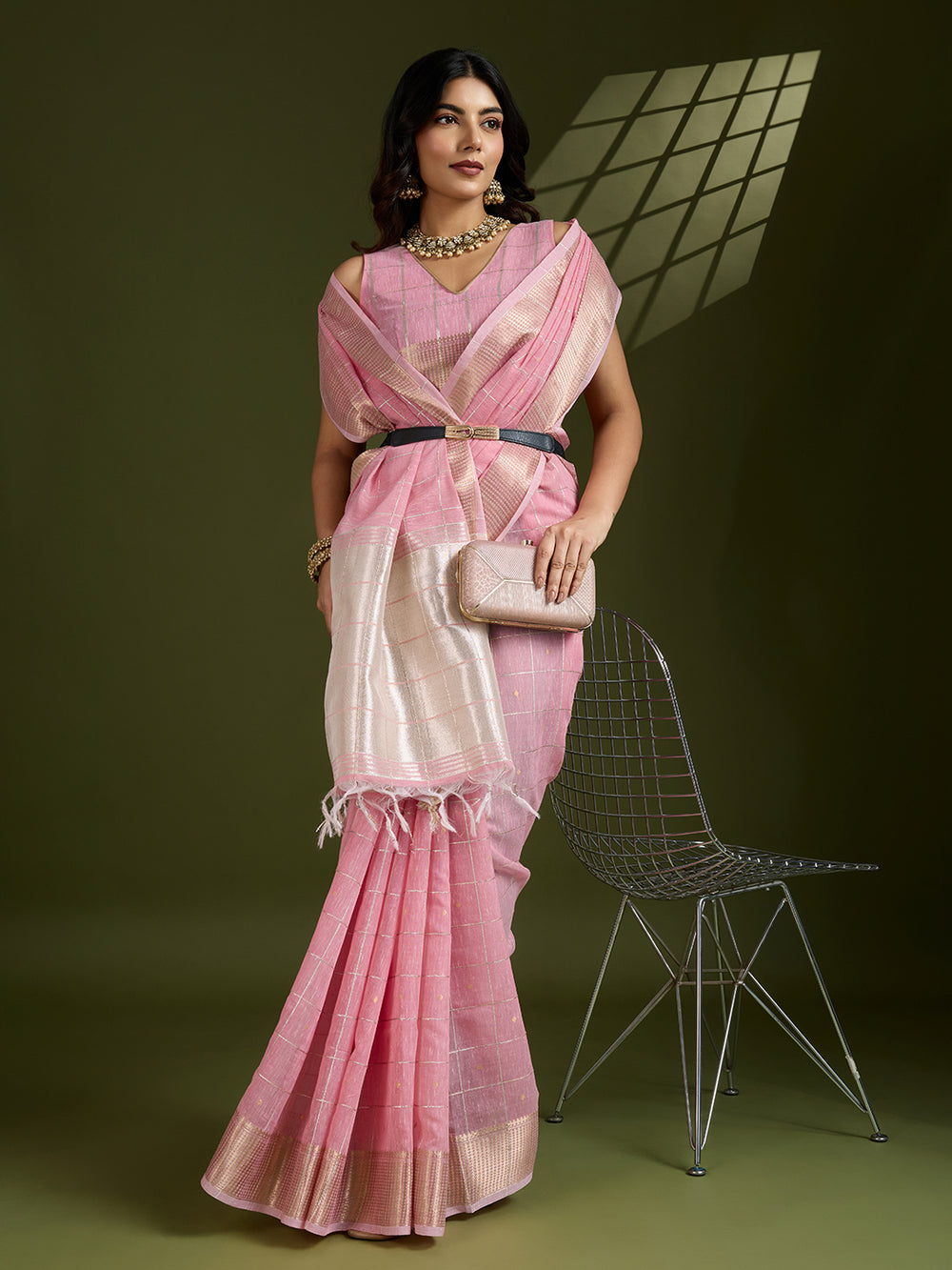 Pink Pure Tissue Zari Checks Silk Tissue Saree