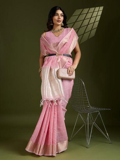 Pink Pure Tissue Zari Checks Silk Tissue Saree Tissue Saree Anant Tex Exports Pvt.Ltd..