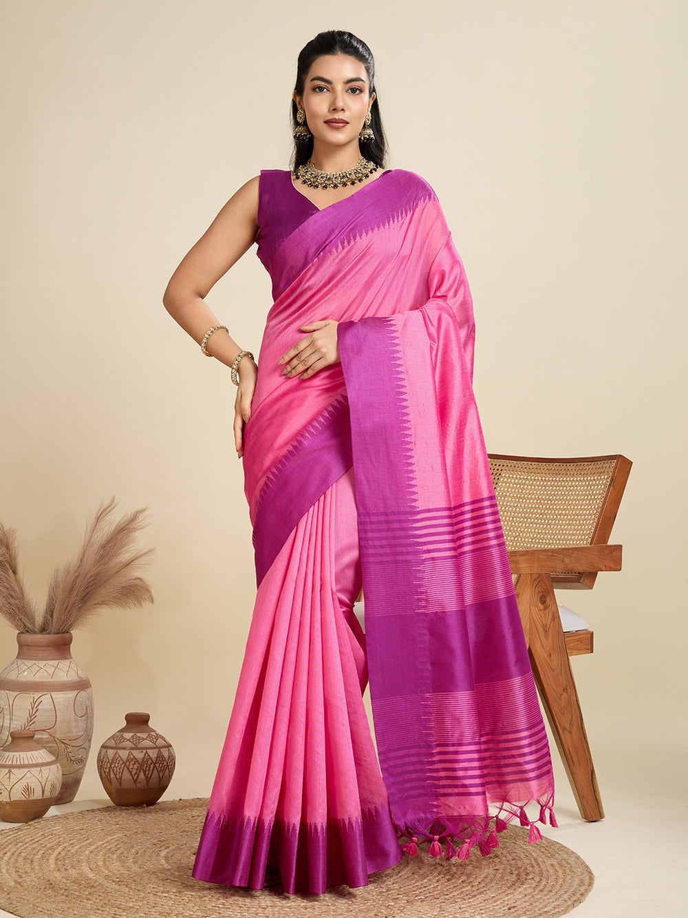 Pink Pure Soft Tussar Silk with Temple Border Tussar Saree Tussar Saree Anant Tex Exports Pvt.Ltd..