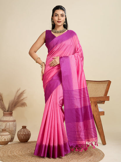 Pink Pure Soft Tussar Silk with Temple Border Tussar Saree Tussar Saree Anant Tex Exports Pvt.Ltd..