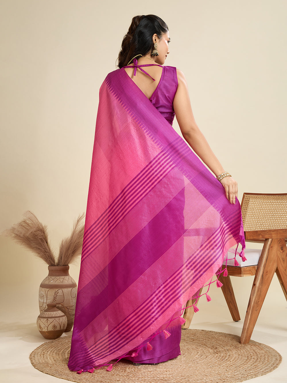 Pink Pure Soft Tussar Silk with Temple Border Tussar Saree