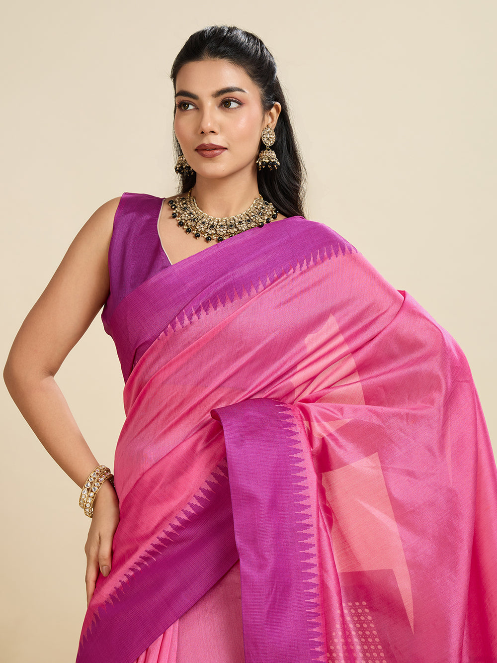 Pink Pure Soft Tussar Silk with Temple Border Tussar Saree