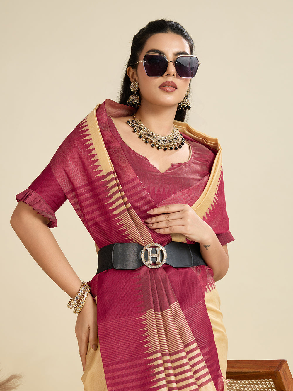 Chiku Pure Soft Tussar Silk with Temple Border Tussar Saree