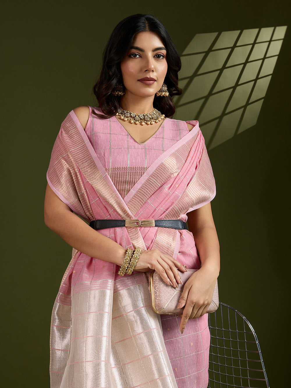 Pink Pure Tissue Zari Checks Silk Tissue Saree