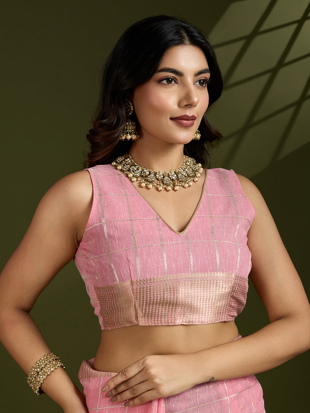 Pink Pure Tissue Zari Checks Silk Tissue Saree Tissue Saree Anant Tex Exports Pvt.Ltd..
