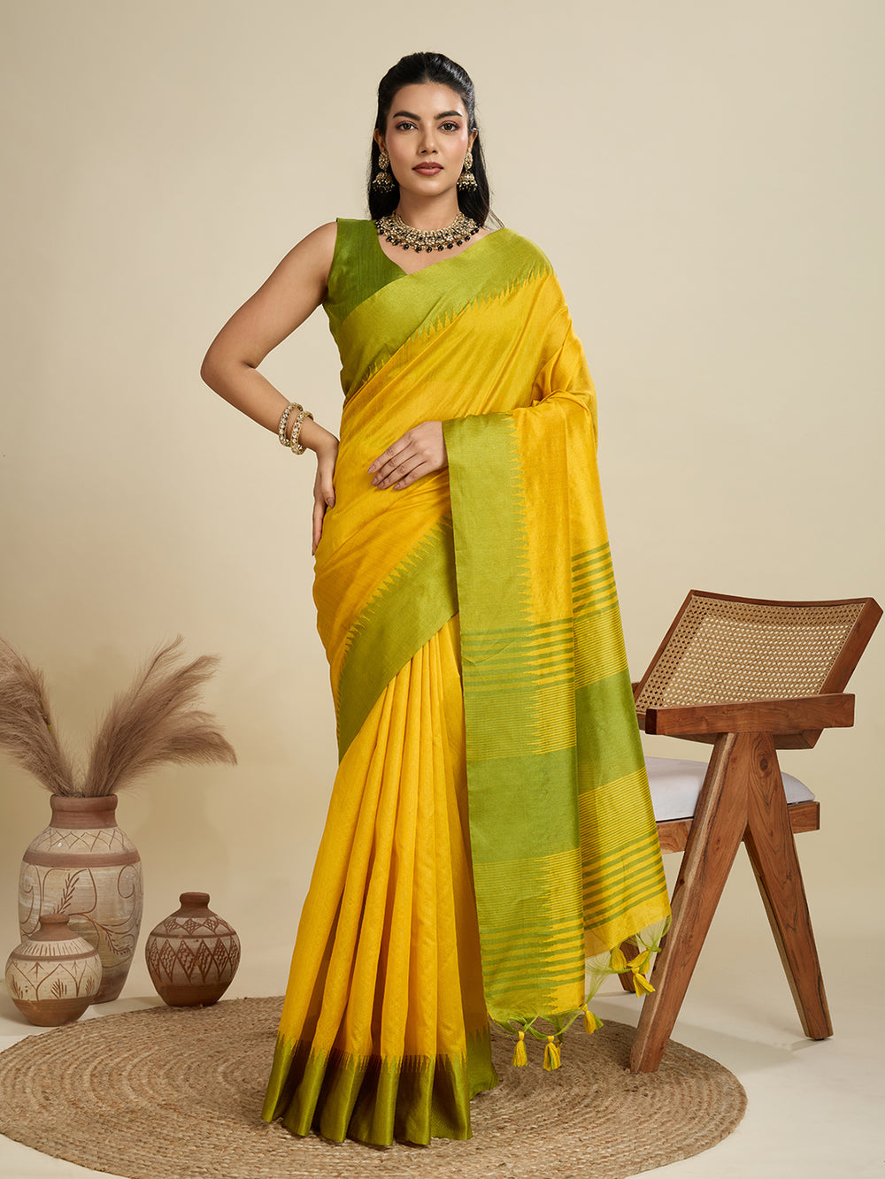 Lemon Yellow Pure Soft Tussar Silk with Temple Border Tussar Saree Tussar Saree Anant Tex Exports Pvt.Ltd..
