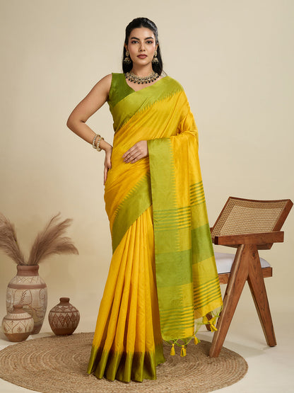 Lemon Yellow Pure Soft Tussar Silk with Temple Border Tussar Saree Tussar Saree Anant Tex Exports Pvt.Ltd..
