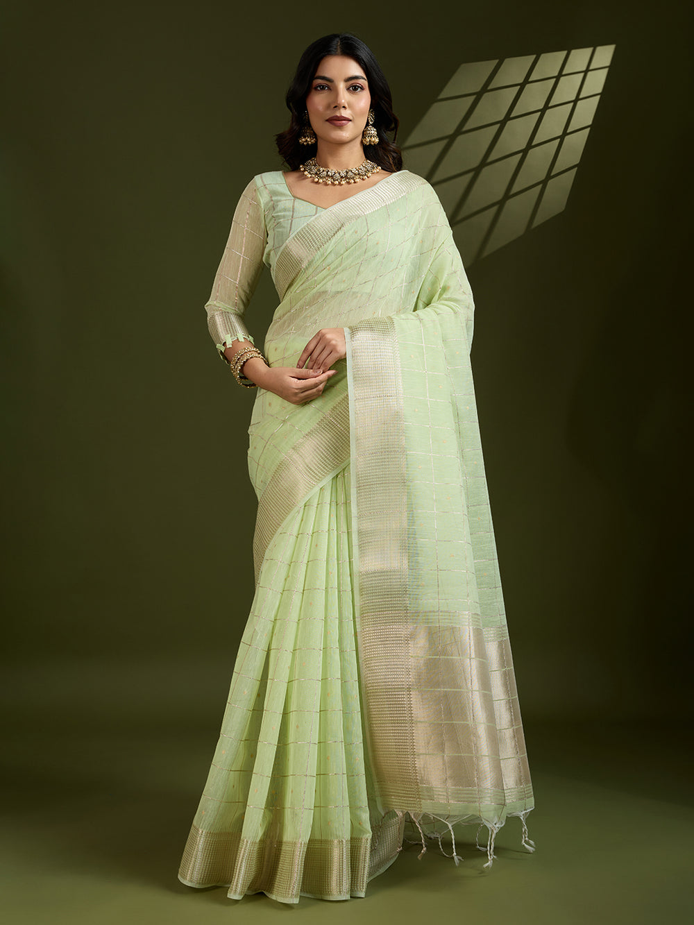Pista Pure Tissue Zari Checks Silk Tissue Saree