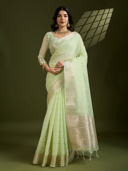 Pista Pure Tissue Zari Checks Silk Tissue Saree Tissue Saree Anant Tex Exports Pvt.Ltd..
