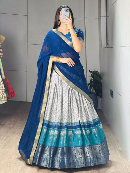 Navy Pure Tussar Khichu Ethnic Print With Silk Weaving Border South Indian Lehenga Choli