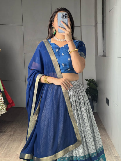 Navy Pure Tussar Khichu Ethnic Print With Silk Weaving Border South Indian Lehenga Choli